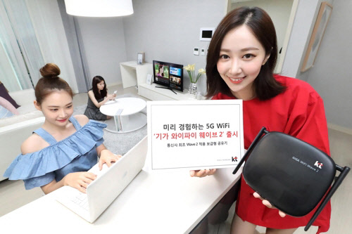 KT 모델이 '기가 와이파이 웨이브2'를 소개하고 있다. <KT 제공>